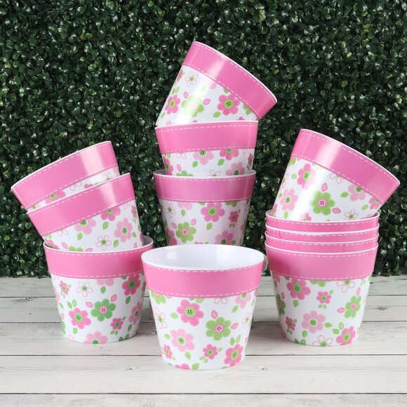 Other - Pink & Green Button Flowers Flower Pots Set of 12